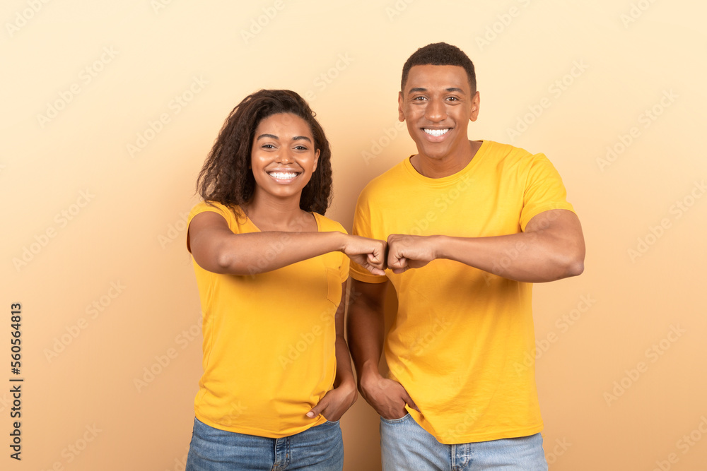 Partnership and collaboration work as team. Excited black man and woman making fist bumps and smiling at camera