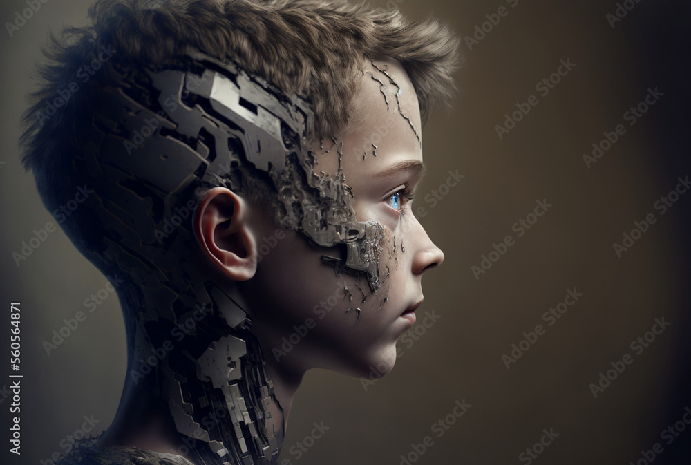 a child boy half-robot or a humanoid android with artificial intelligence parts or a technological upgrade as human evolution, mechanical body parts. Generative AI - obrazy, fototapety, plakaty 