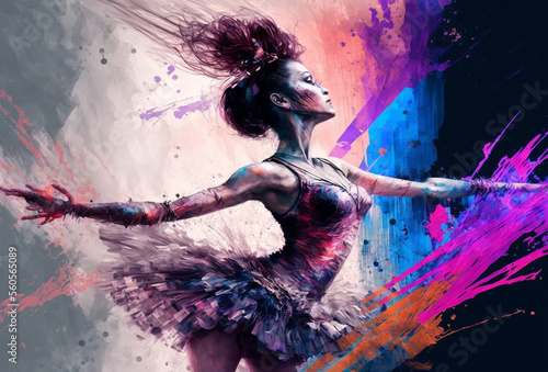 Fototapete abstract drawing or painting of a ballerina with dark splashes of color, dancing mature woman