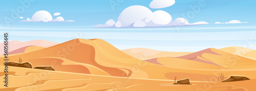 Landscape view of a desert with sandy dunes in cartoon style. Beautiful panorama of natural wilderness in Africa. Mountains and hills of sand in Sahara. Vector background for game design.