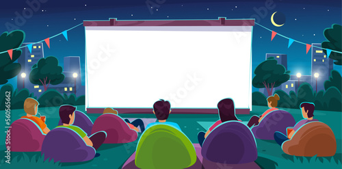Open air cinema with people sitting on a lawn watching a movie on a big white projector screen. Friends on a movie night with popcorn in a park outside a city. Cartoon style vector illustration.