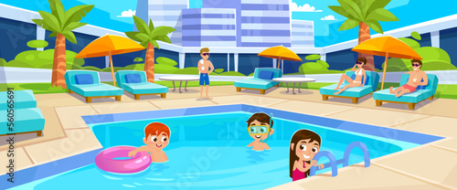 Kids swim in a hotel pool, and parents relax in beach chairs—summer family vacation on a resort. Landscape view of an outdoor swimming pool with people and children. Cartoon style vector illustration.