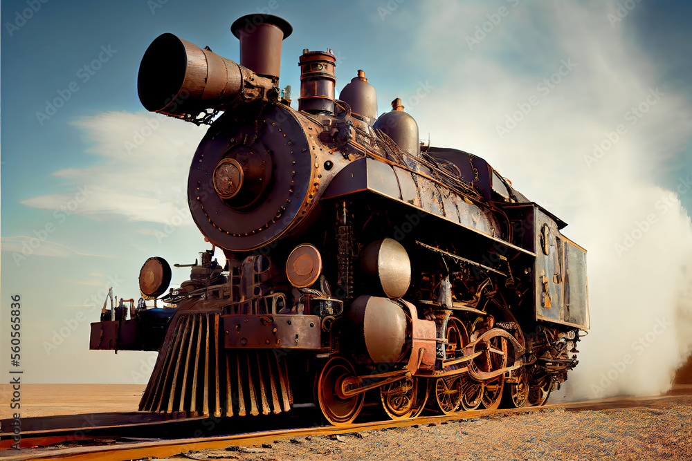 Old locomotive in the wild west. AI generated image