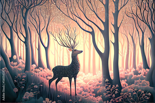 An magical fairy tale forest with deer. The towering trees of this mythical realm are like something out of a storybook.