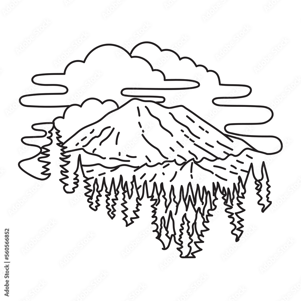Mono line illustration of Mount Rainier National Park in southeast of Seattle, Washington state , United States done in black and white monoline line drawing art style.
Mono line illustration of Mount Rainier National Park in southeast of Seattle, Washington state , United States done in black and white monoline line drawing art style.