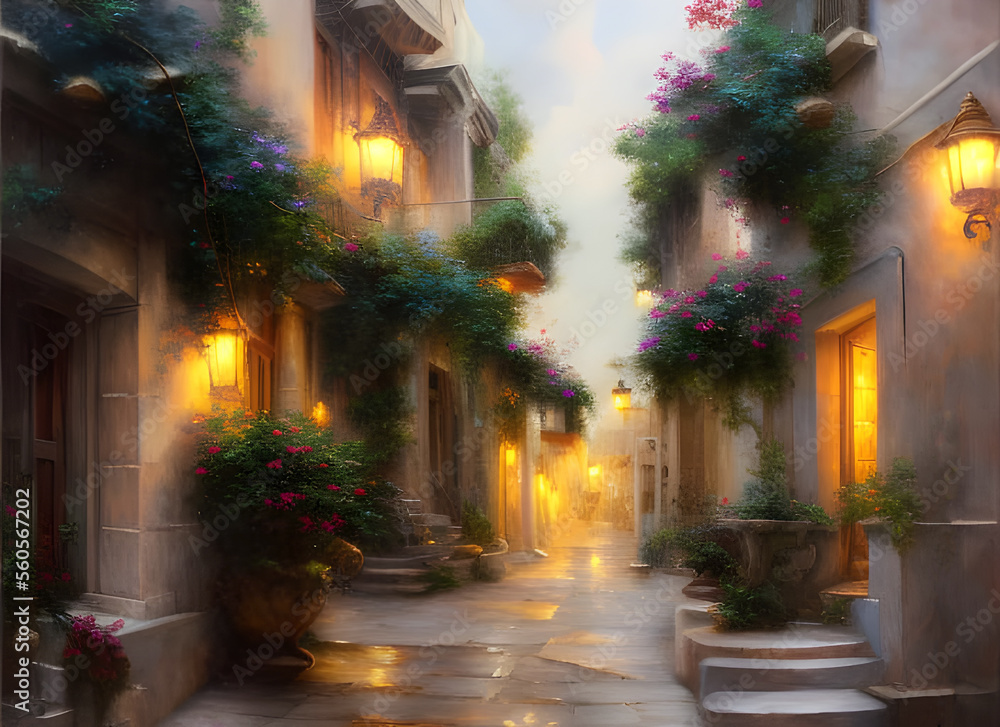 Painting of a beautiful old street with traditional houses in a typical old-fashioned greek village at twilight with glowing lamps and summer flowers. generative ai illustration