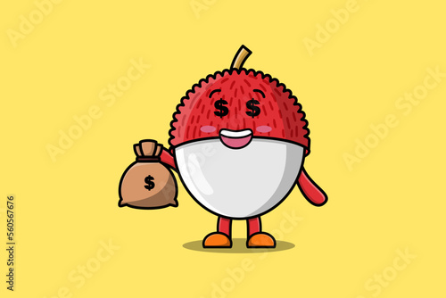 Cute cartoon Crazy rich Lychee with money bag shaped funny in modern design illustration