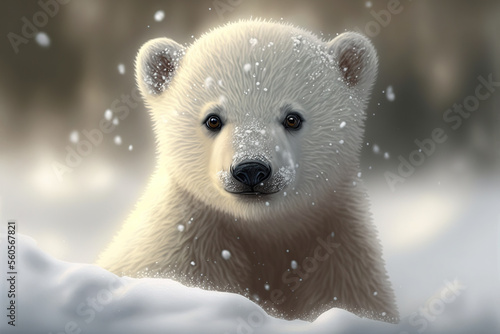 Fotografiet Cute baby polar bear in the snow  Generative AI