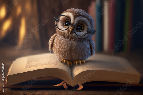 Cute baby owl with glasses reading a book  Generative AI © gridspot