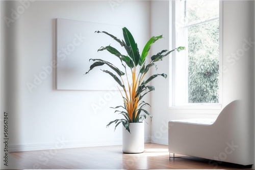 bird of paradise plant in a minimalist white room illustration made with Generative AI © Santasombra