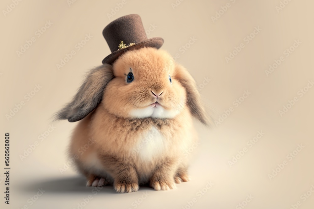 A cute rabbit wears a fancy hat in a studio background.
Created with generative AI technology and Photoshop.