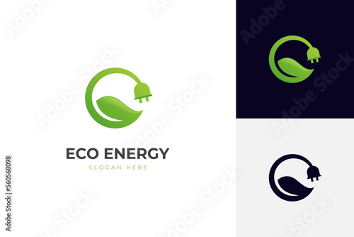 Renewable logo with green energy saving icon design. Electrical charge leaf and power plug sign design concept. Sustainable logo design