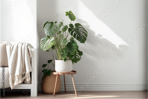 Monstera deliciosa plant in a minimalist white room illustration made with Generative AI