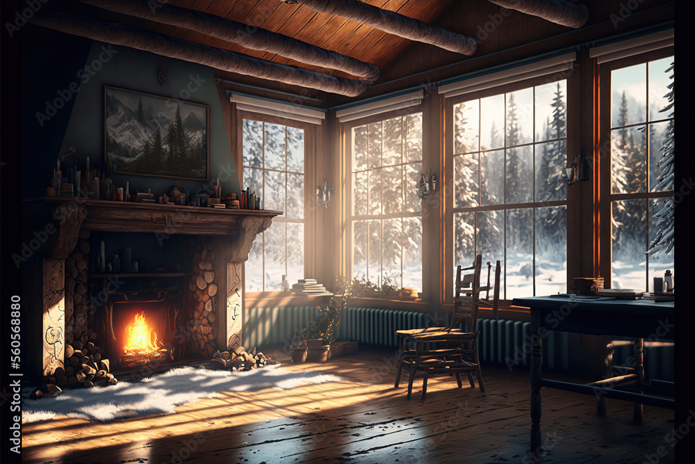 Cozy cabin interior with a fireplace, winter time. Generative AI Cozy cabin interior with a fireplace, winter time. Generative AI