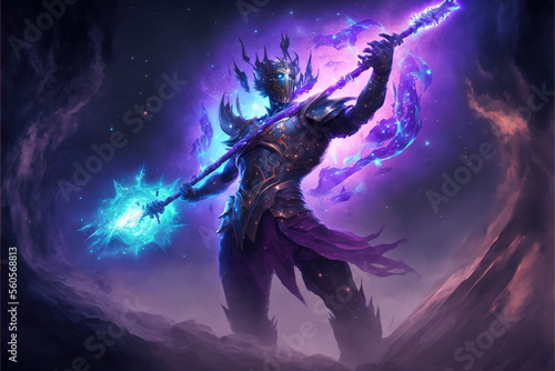 Cosmic being warrior, holding a battle staff. Role-playing game illustration. Generative AI.