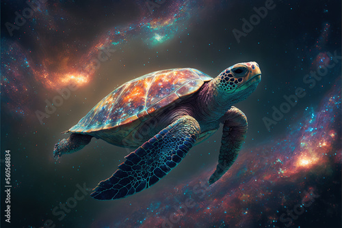 Cosmic turtle spirit swimming in space. Godlike creature, awe inspiring, dreamy digital illustration.	
