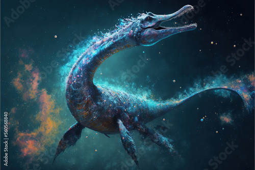 Cosmic plesiosaur swimming in space. Godlike creature, awe inspiring, dreamy digital illustration. 