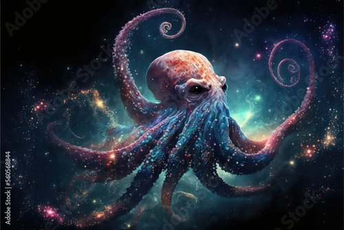 Cosmic octopus spirit in space. Godlike creature, awe inspiring, dreamy digital illustration. 