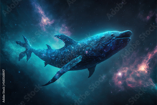 Cosmic pliosaurus swimming in space. Godlike creature  awe inspiring  dreamy digital illustration.  