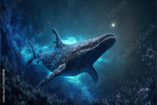 Cosmic lipoleurodon swimming in space. Godlike creature, awe inspiring, dreamy digital illustration. 