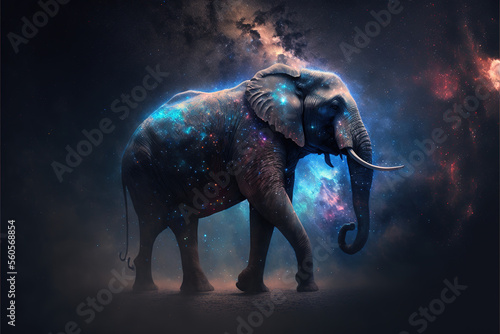 Cosmic elephant spirit. Godlike creature, awe inspiring, dreamy digital illustration. 