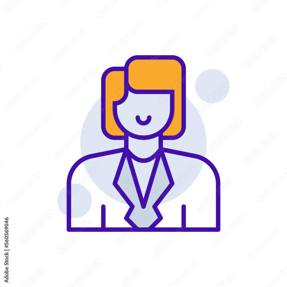 Business Woman business icon with purple and orange duotone style. Corporate, currency, database, development, discover, document, e commerce. Vector illustration Business Woman business icon with purple and orange duotone style. Corporate, currency, database, development, discover, document, e commerce. Vector illustration
