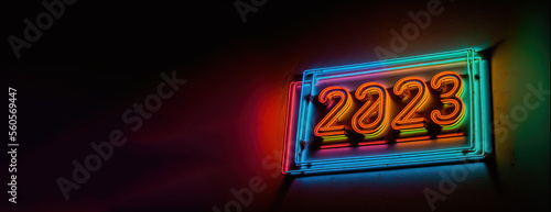 Vibrant 2023: A Bright Future Ahead with Neon Light Banner, copy space generative ai