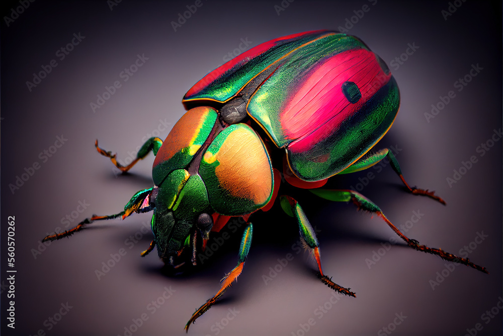 Naklejka premium Generative AI: iridescent insect colorful on gray background macro