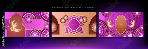 Set of abstract 3d islamic ramadan background with moon, lantern, mandala pattern and muslim decoration. Template for greeting card, banner, poster, and social media template. Vector illustration