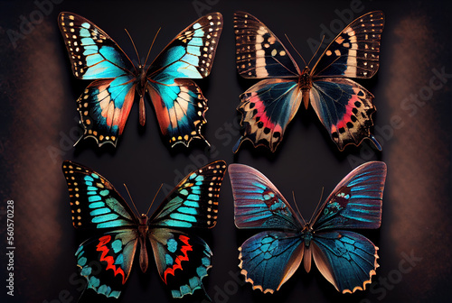 Generative AI: bbutterfly set of four, closeup beautiful and bright colors