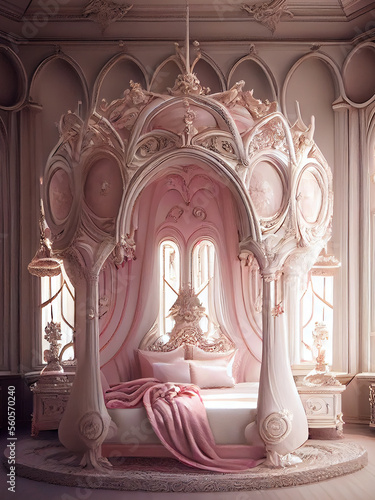 Fotobehang Generative AI: princess room in pink baroque style with beautiful ornaments