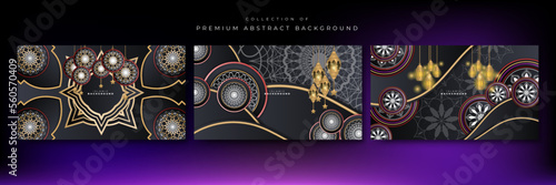 Set of abstract 3d black and gold ramadan islamic background with lantern, mandala pattern, moon, crescent. Template for greeting card, banner, poster, wallpaper. Vector illustration