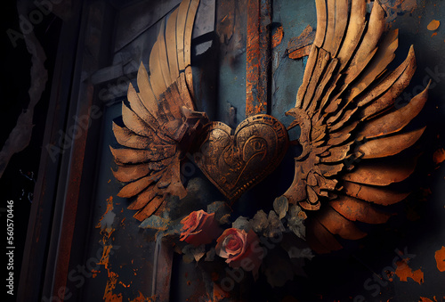 Generative AI: llustration of heart rusty gold metal heart with  wings photo