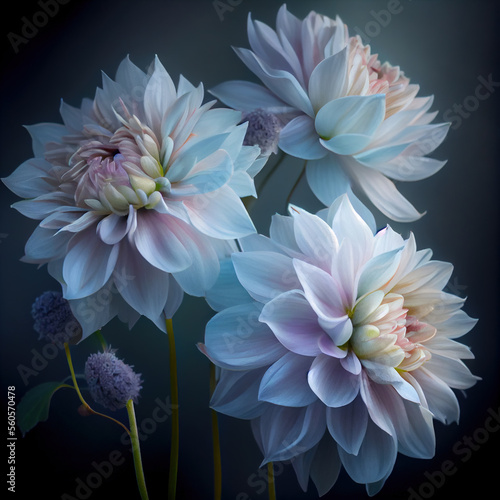Generative AI  bouquet of dahlias with their buds in white and lilac tones