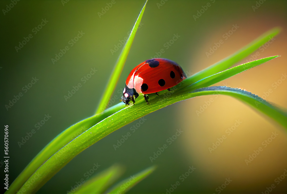 Generative AI: ladybug on green leaf extreme close up