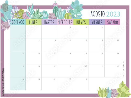 Calendario Planificador 2023 en Español - Tamaño A4 - Mes de Agosto 