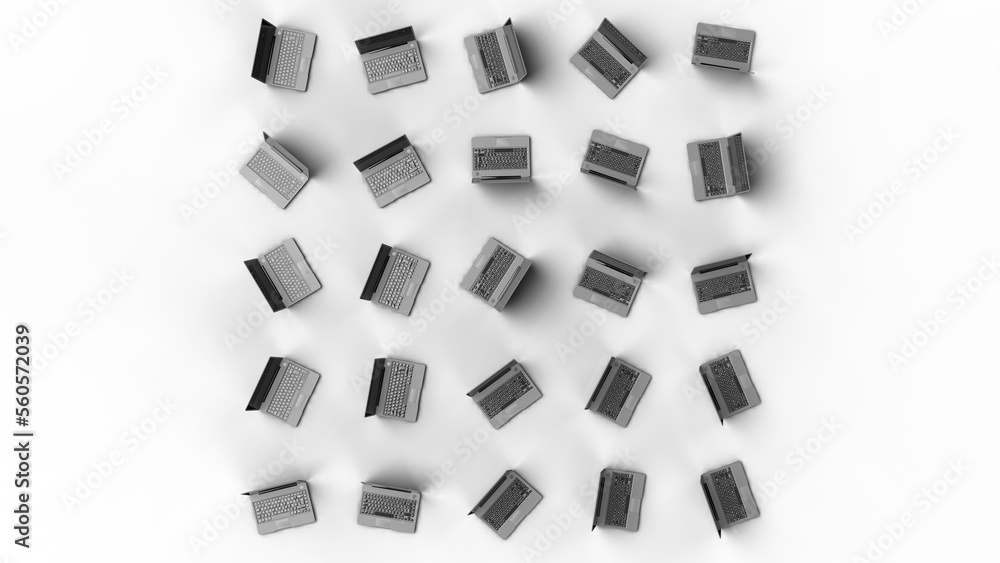Many notebooks oriented in various directions under white lighting background. Concept 3D CG of project role assignment, diversity of attendance patterns and multitasking method. PNG file format. Many notebooks oriented in various directions under white lighting background. Concept 3D CG of project role assignment, diversity of attendance patterns and multitasking method. PNG file format.
