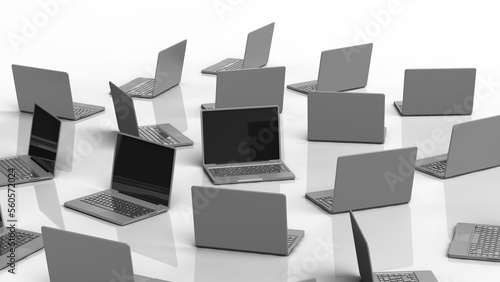 Many notebooks oriented in various directions under white lighting background. Concept 3D CG of project role assignment, diversity of attendance patterns and multitasking method. PNG file format.