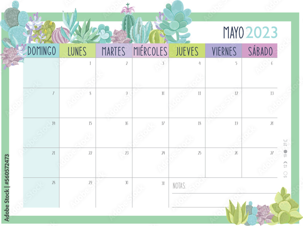 Calendario Planificador 2023 en Español - Tamaño A4 - Mes de Mayo - obrazy, fototapety, plakaty 