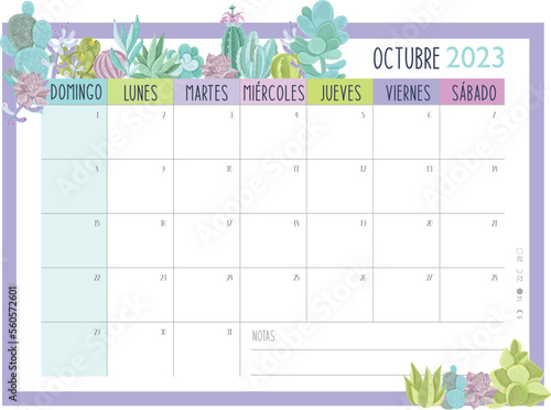 Calendario Planificador 2023 en Español - Tamaño A4 - Mes de Octubre