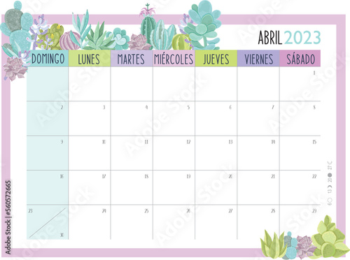 Calendario Planificador 2023 en Español - Tamaño A4 - Mes de Abril