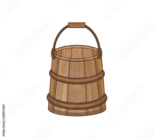 A bucket with a handle, a wooden container, for storing water, picking vegetables and fruits, household utensils, a color drawing, on a transparent background