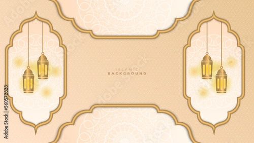 Abstract islamic ramadan background in gold color gradient. Ramadan kareem islamic greeting background with lantern, mosque and crescent moon
