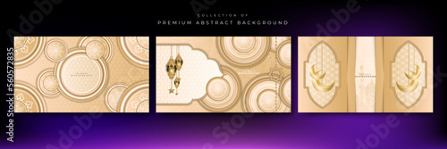 Abstract islamic ramadan background in gold color gradient. Ramadan kareem islamic greeting background with lantern, mosque and crescent moon