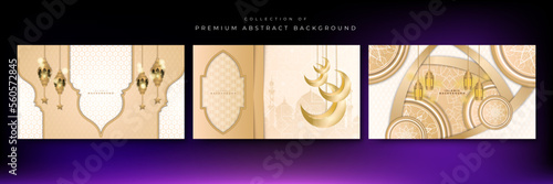 Abstract islamic ramadan background in gold color gradient. Ramadan kareem islamic greeting background with lantern, mosque and crescent moon