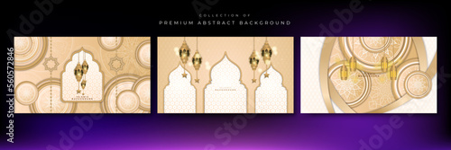 Abstract islamic ramadan background in gold color gradient. Ramadan kareem islamic greeting background with lantern, mosque and crescent moon