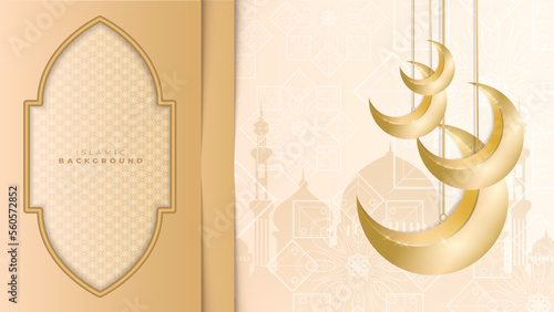 Abstract islamic ramadan background in gold color gradient. Ramadan kareem islamic greeting background with lantern, mosque and crescent moon