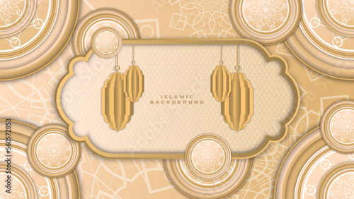 Abstract islamic ramadan background in gold color gradient. Ramadan kareem islamic greeting background with lantern, mosque and crescent moon