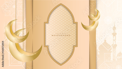 Abstract islamic ramadan background in gold color gradient. Ramadan kareem islamic greeting background with lantern, mosque and crescent moon