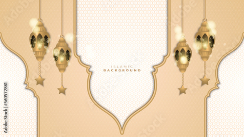Abstract islamic ramadan background in gold color gradient. Ramadan kareem islamic greeting background with lantern, mosque and crescent moon